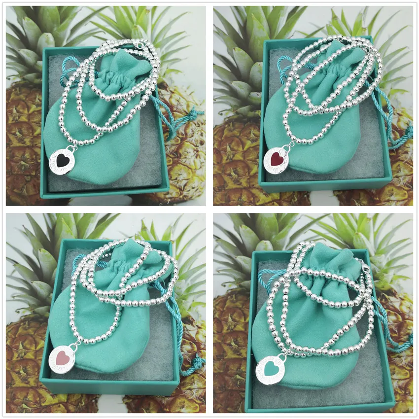 

S925 pure silver round card heart-shaped glue tags ms 4 m round bead necklace fashion lady holiday gifts
