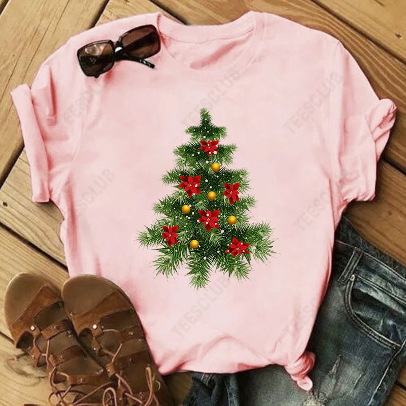 

Women Short Sleeve Christmas Tree Festival Cute Tops Merry Christmas Holiday Print Cartoon Shirt Graphic Tee New Year Tshirts