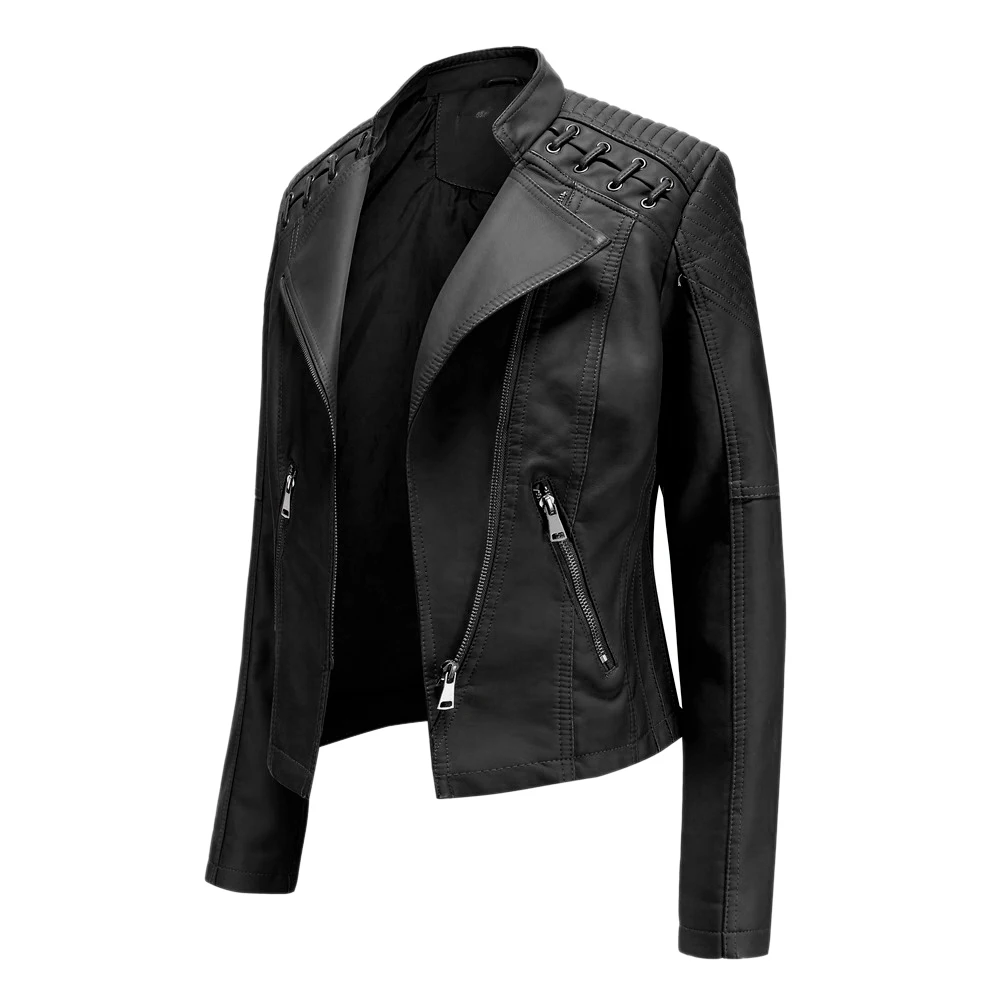 High Quality 2021 Spring Winter Female Black PU Leather Loose Turn-down Collar Zipper Fashion New Women's Wild locomotive Jacket enlarge