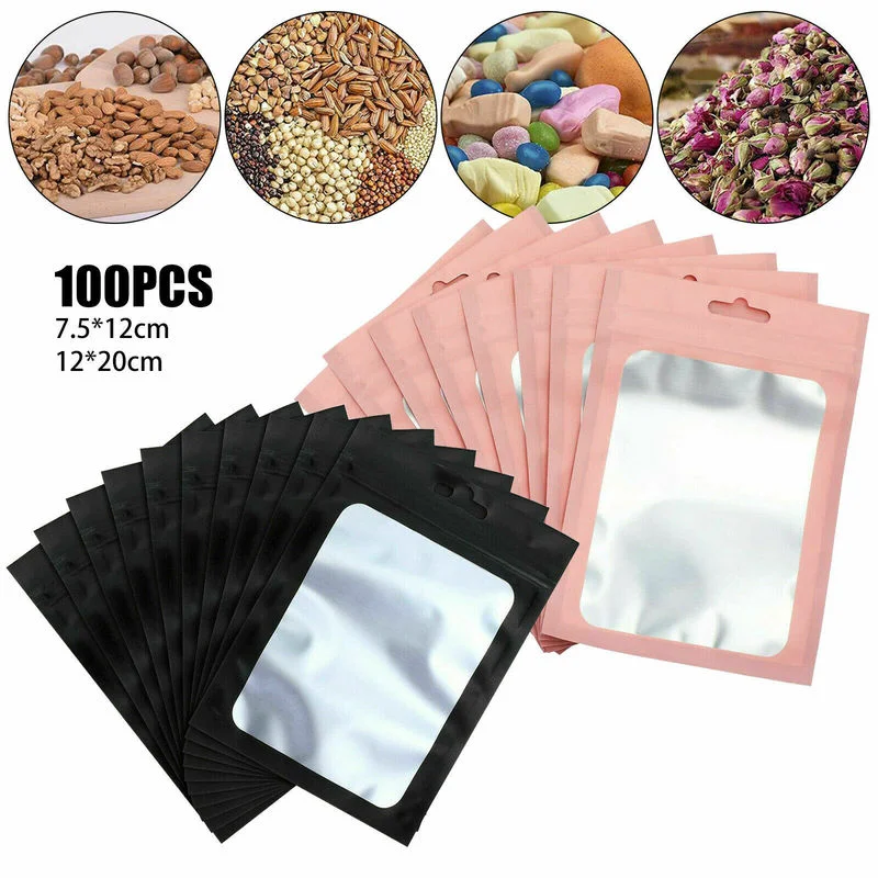 100X  Matte Black Aluminum Foil Zip Lock Packaging Bag Resealable Grip Ziplock Mylar Pouch Small Sachets Food Sample Bags