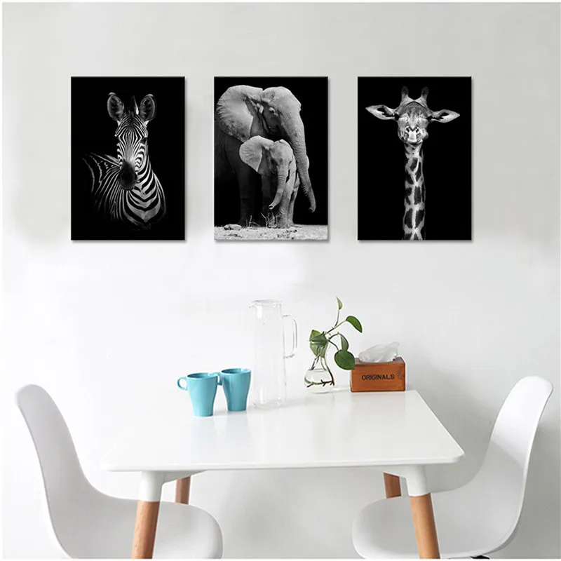 

Modern Black and White Canvas Wall Art Animal Picture Print Elephant Zebra Giraffe Painting Framed Stretched Decoration