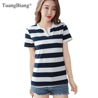 tuangbiang 2022 summer sequined green stripedv neck femme cotton t shirt women soft short sleeve tshirts good quality cozy tops
