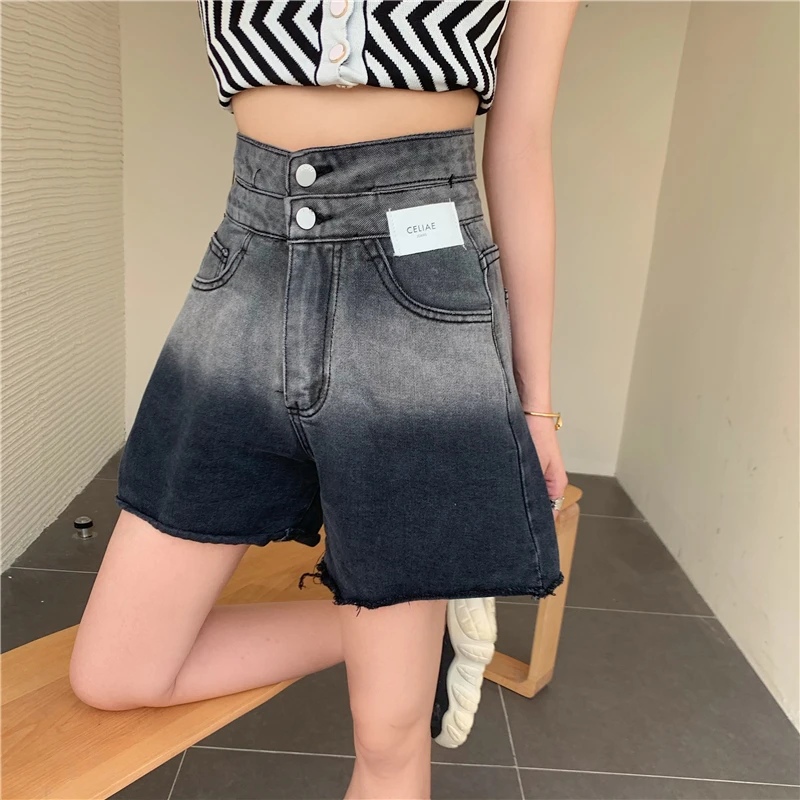 

High waist Shorts Women Gradient Soft Denim Short Chic Womens Korean Style Retro Ladies Summer Pocket Loose Straight Chic