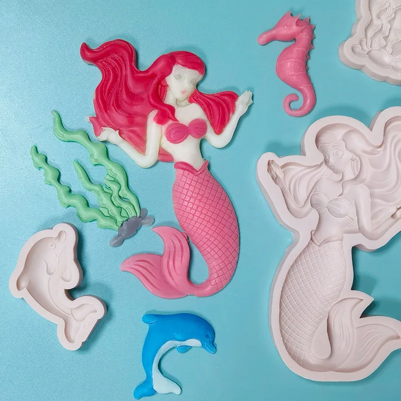 

3D формы для торта в виде русалки, морского конька, кораллового дельфина, шоколадной помадки, формы для конфет, инструменты для украшения кек...