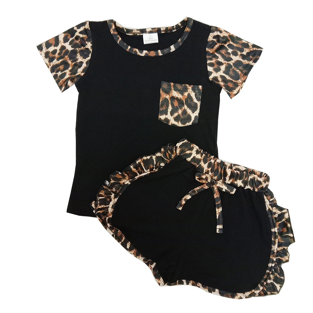 

2020 New Arrival Hot Sale Fashion Children Girls Sport Outfit Black Color Shirt and Leopard Shorts Boutique Clothing Set