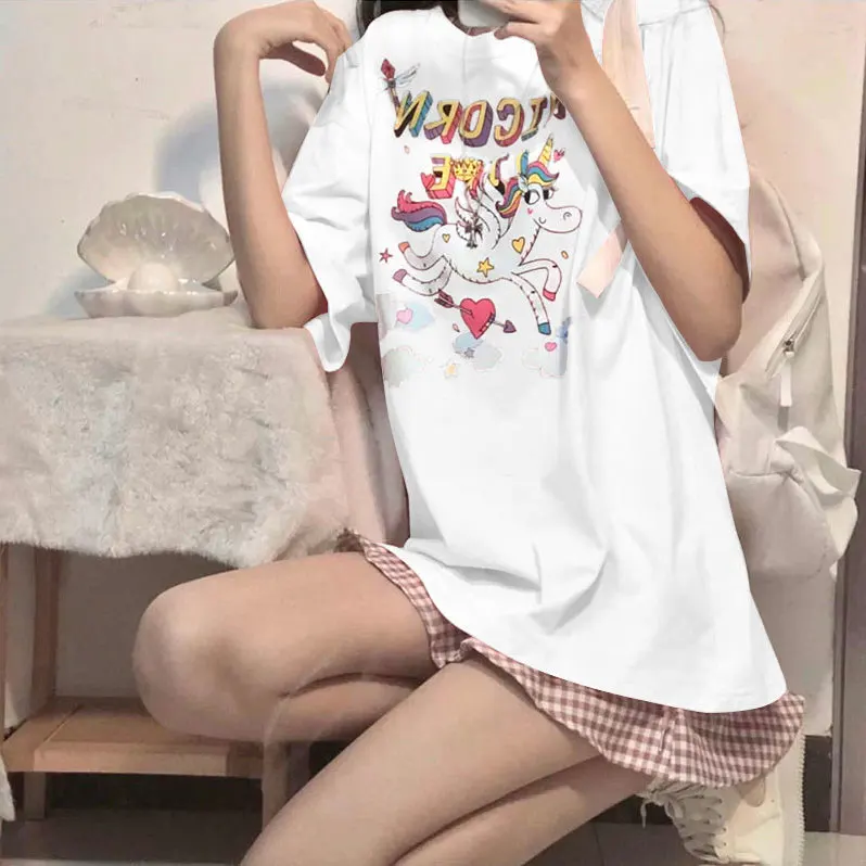 

MINGLIUSILI Kawaii Woman T-shirt 2021 Fashion Graphic T Shirts Women Summer Cartoon Print Indie Aesthetic Loose Tee Shirt