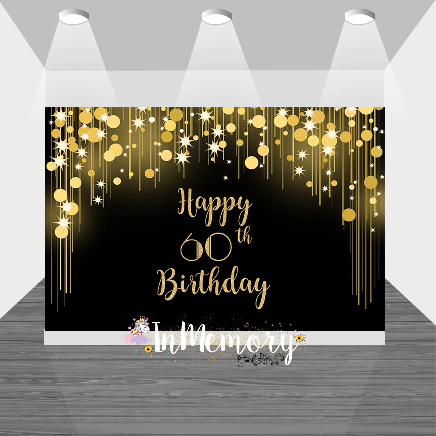 

Happy 60th Birthday Party Black Gold Dots Banner Party Poster Vinyl Photo Backgrounds Photocall Photography Backdrops Decor