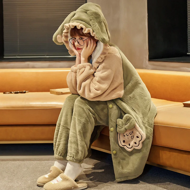 

High Quality Real Buy Women's Coral Plush Pajamas Thickened Lovely Student Warm Flannel Home Set With Long Rabbit Ear Hat Cloth
