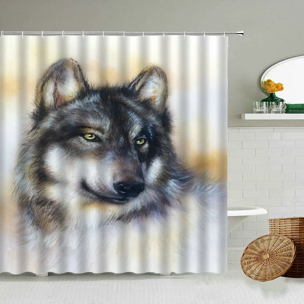 

Northern Europe Wolf Pattern Shower Curtain Wild Animal Theme Bathroom Waterproof Polyester Screen Home Decoration With Hook Set