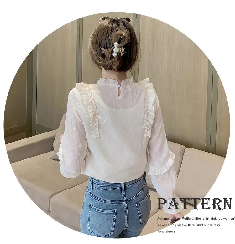 

Houthion Silk Women's Blouses Long Sleeve Top Fashion Solid Chiffon Shirt New Korean Loose Casual Lace Blouse Full