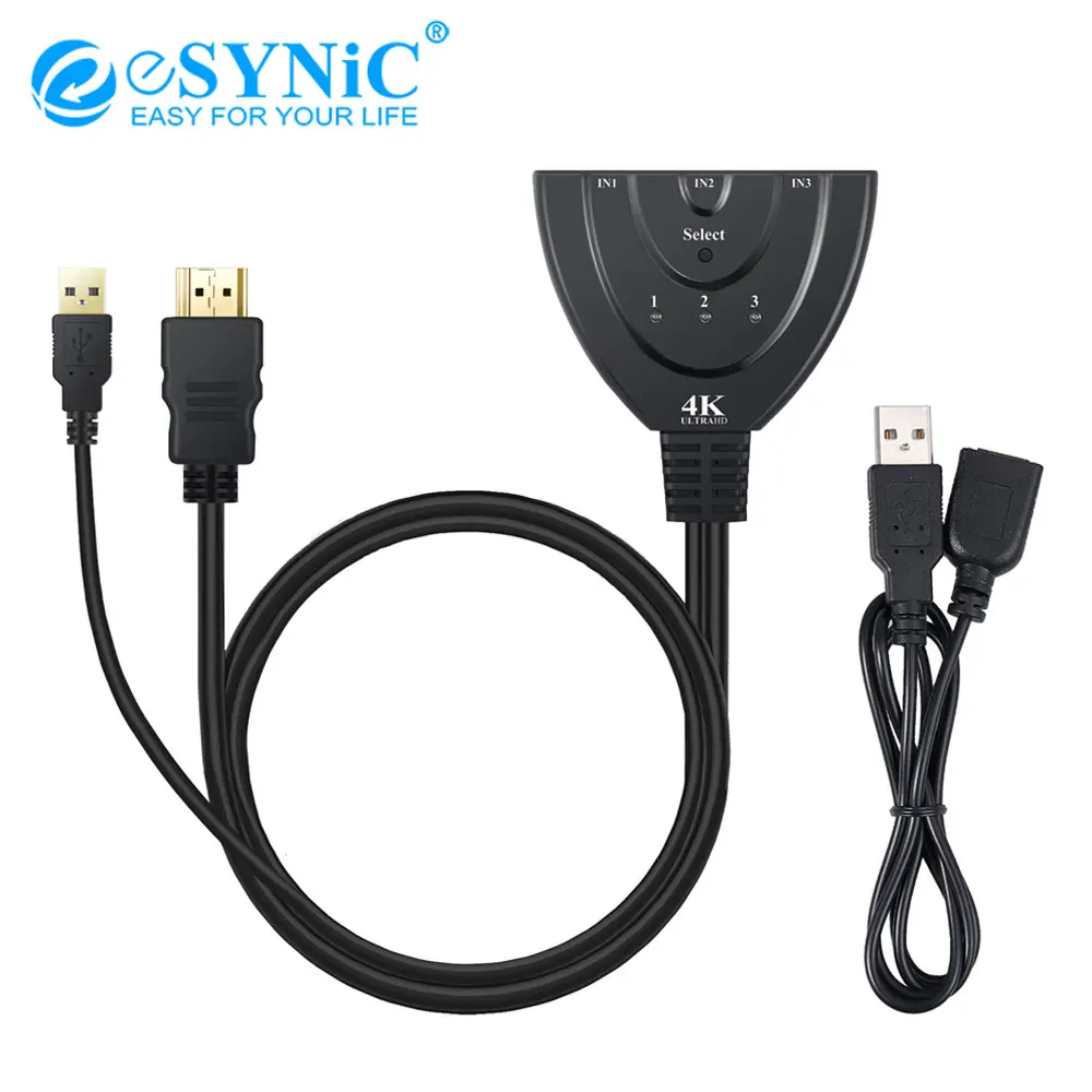 Коммутатор eSYNiC 3 портовый HDMI в 1 переключатель с USB кабелем питания концентратор 4K