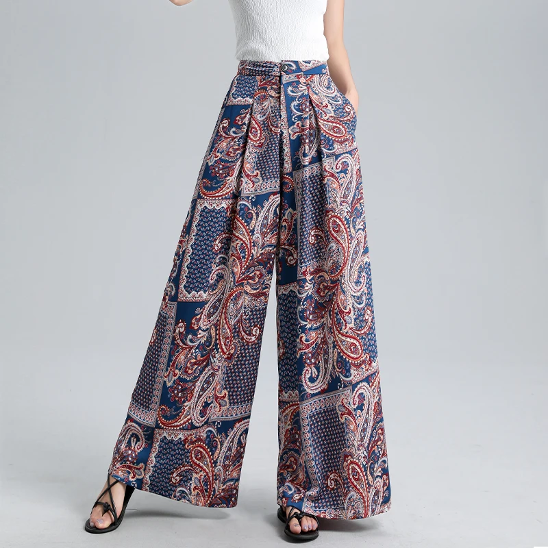 

Women Bohemian Print Wide Leg Pants Irregular Split Trouser Retro Elastic Waist Casual