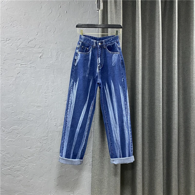 

Модные джинсы с завязкой, женская осенняя одежда, новинка 2021, свободные джинсовые брюки полной длины с высокой талией, женские брюки с широк...