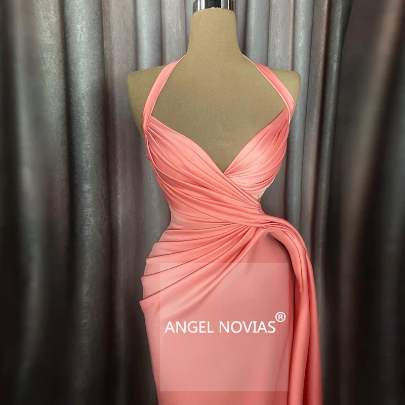 

ANGEL NOVIAS Long Mermaid Pink Halter Evening Dresses 2021 Moroccan Kaftan Formal Prom Party Gown