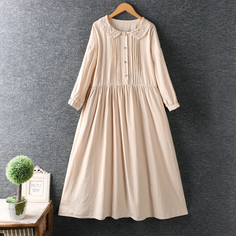 

Autumn Solid Hollow Flower Turn-down Collar Long SLeeve Folds Casual Midi Dresses GL095
