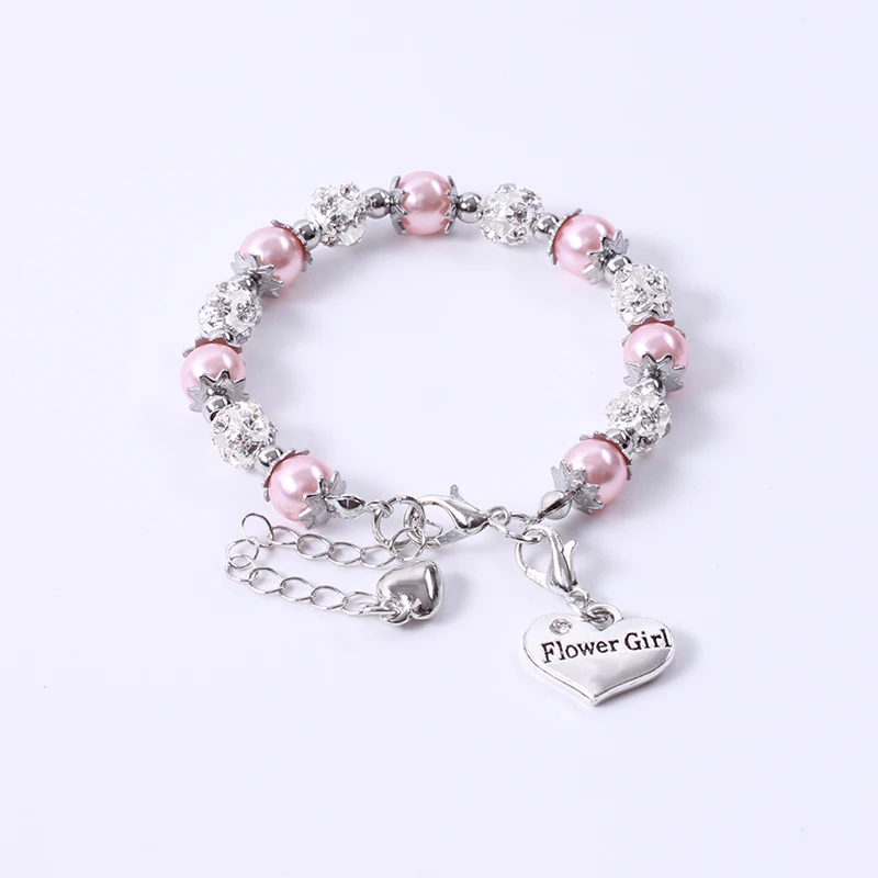 light pink Очаровательные детские браслеты в форме сердца с цветами для девочек, женские Роскошные жемчужные браслеты, свадебные ювелирные изделия для девочек, Прямая поставка, подарок - Окраска металла: light pink