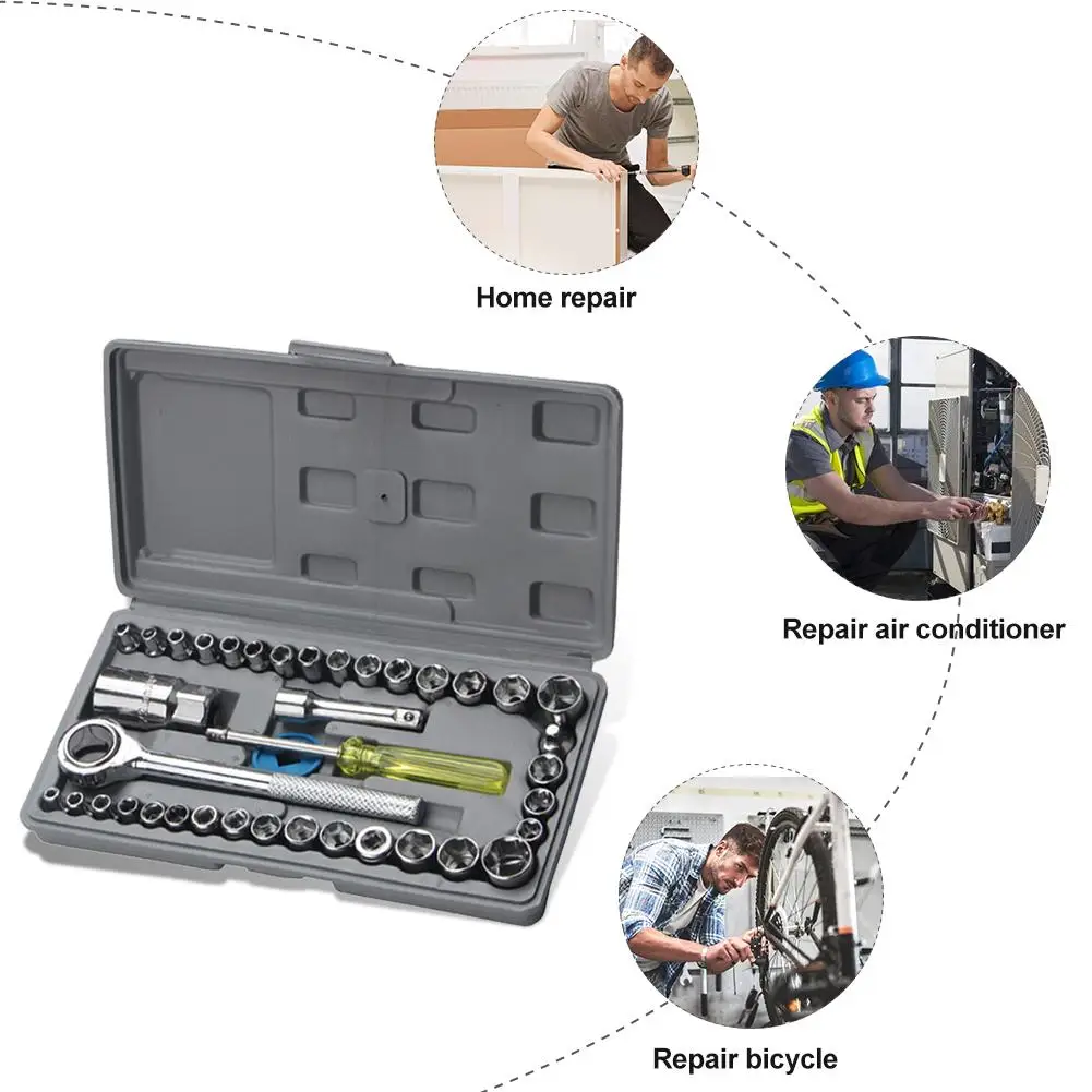 

40pcs Ratchet Wrench Multi-function Spanner Carbon Steel Practical and Durable Automobile Socket Repair Hand Tool 240X125X40mm