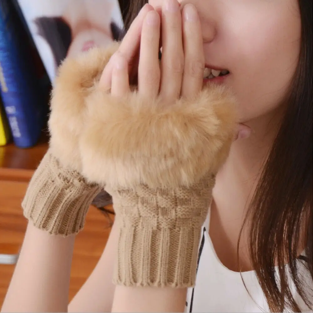

1 Pair Knitted Mittens Winter Warmer Women Fingerless Wrist Gloves Faux Fur Ladies Casual Newest Warmers Accessories