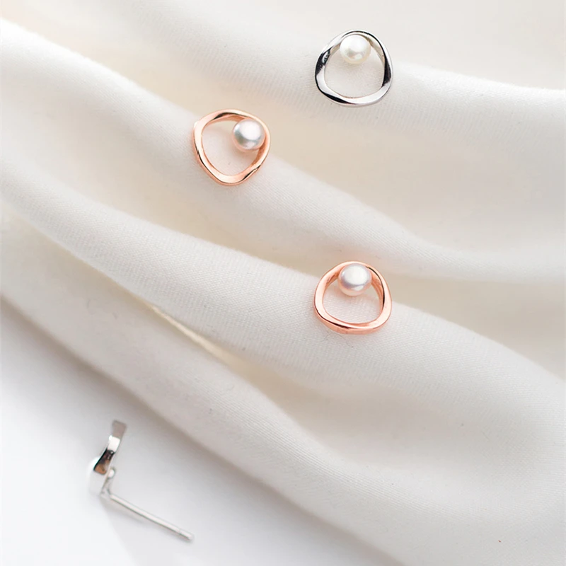 

LKO 925 Sterling Silver Jewelry Women Fashion Geometry Round Pearl Stud Earrings For Women Bride Wedding Statement Jewelry