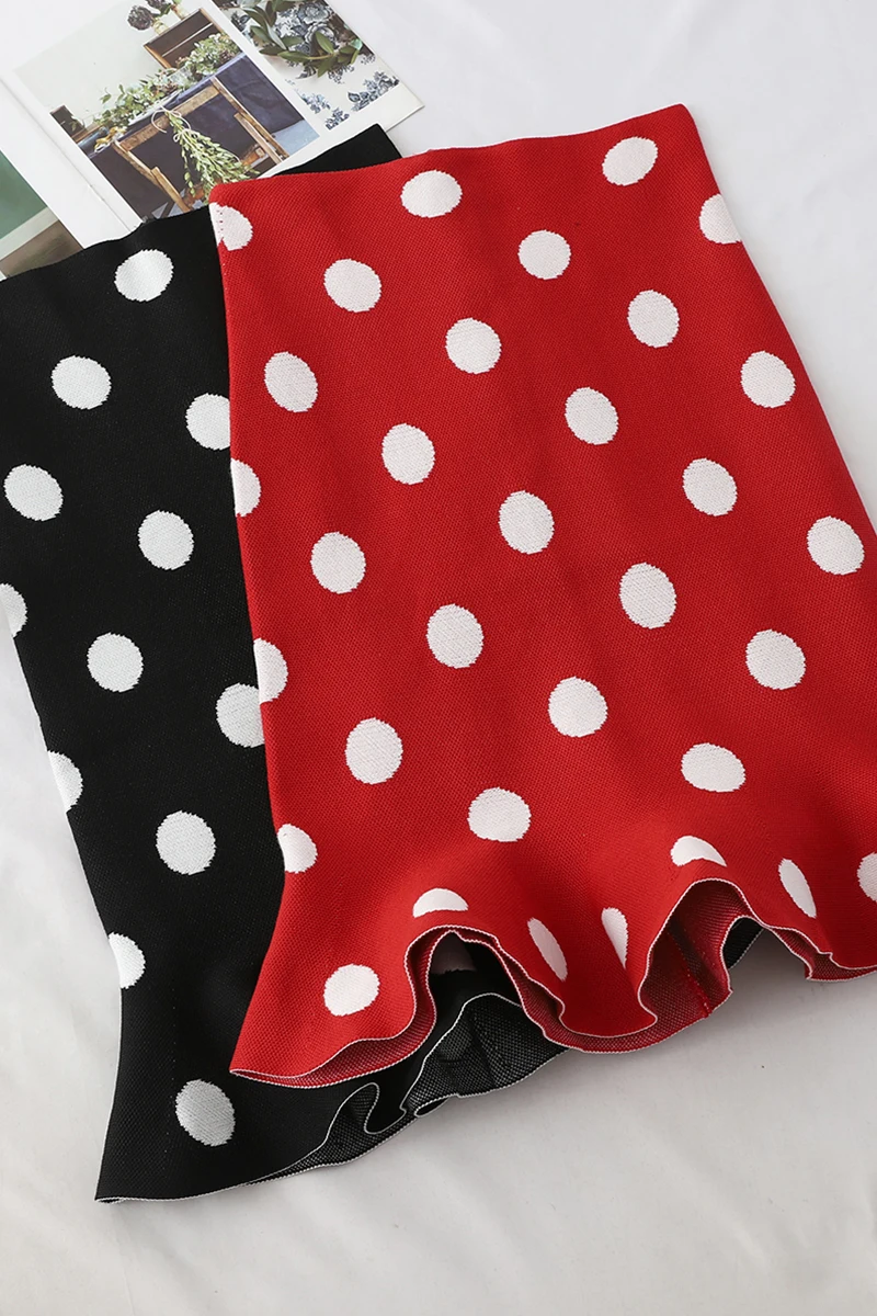 Женская трикотажная юбка в горошек с завышенной талией|Женские юбки| |