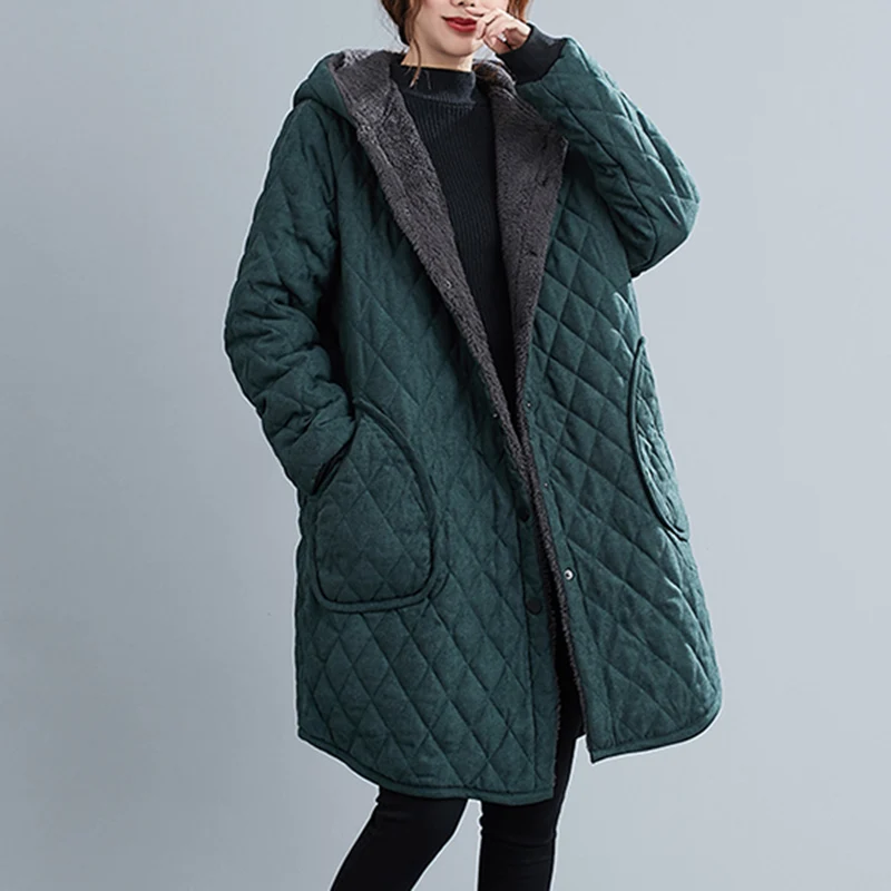 Casual Cotton Women's Long Coat Retro Plus Velvet Thick Hooded Winter Jacket Ethnic Fashion Warm Long Parka Plus Size XL Parkas