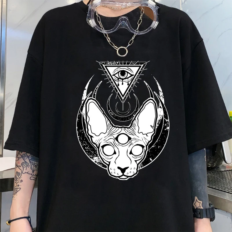 

T Shirt Woman Gothic Star Punk Cat Print Tops geometry printed Short Sleeve Cat Print Black Loose Punk Casual Femme Clothing
