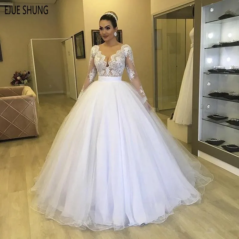 

EJUE SHUNG Modest Ball Gown Wedding Dresses Long Sleeves V Neck Illusion Appliques Zipper Back Bridal Dresses Vestido De Novia