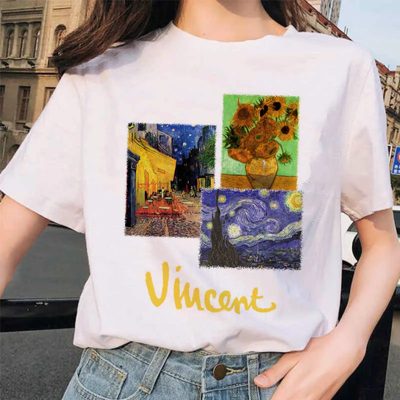 Van gogh женская футболка с рисунком кота, Рисунок маслом, решетка, принт, новая милая женская футболка, Повседневная футболка Harajuku, забавная футболка ulzzang grunge
