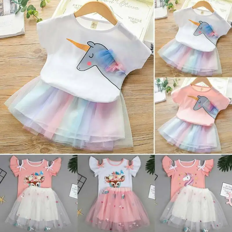 

Summer Kids Girls Unicorn O Neck Dew Shoulder Tops T-shirt + Lace Tutu Skirt Outfit Clothes Party Dress CN Toddler Girl Suits
