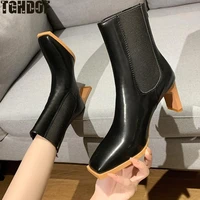 tghdof womens sexy ankle boots 9 cm thick high heels pointed toe short boots pull on chelsea boots leather botas 2021