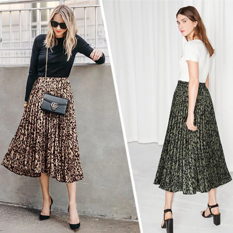 

2019 New Women Vintage Skirt Leopard Print Pleated Midi Skirts for Ladies Elastic High Waist Mid-calf Female Skirts