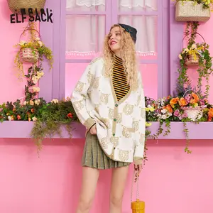 Женский Повседневный Кардиган ELF SACK, черный кардиган с V-образным вырезом и принтом тигра на пуговицах спереди, осень 2019