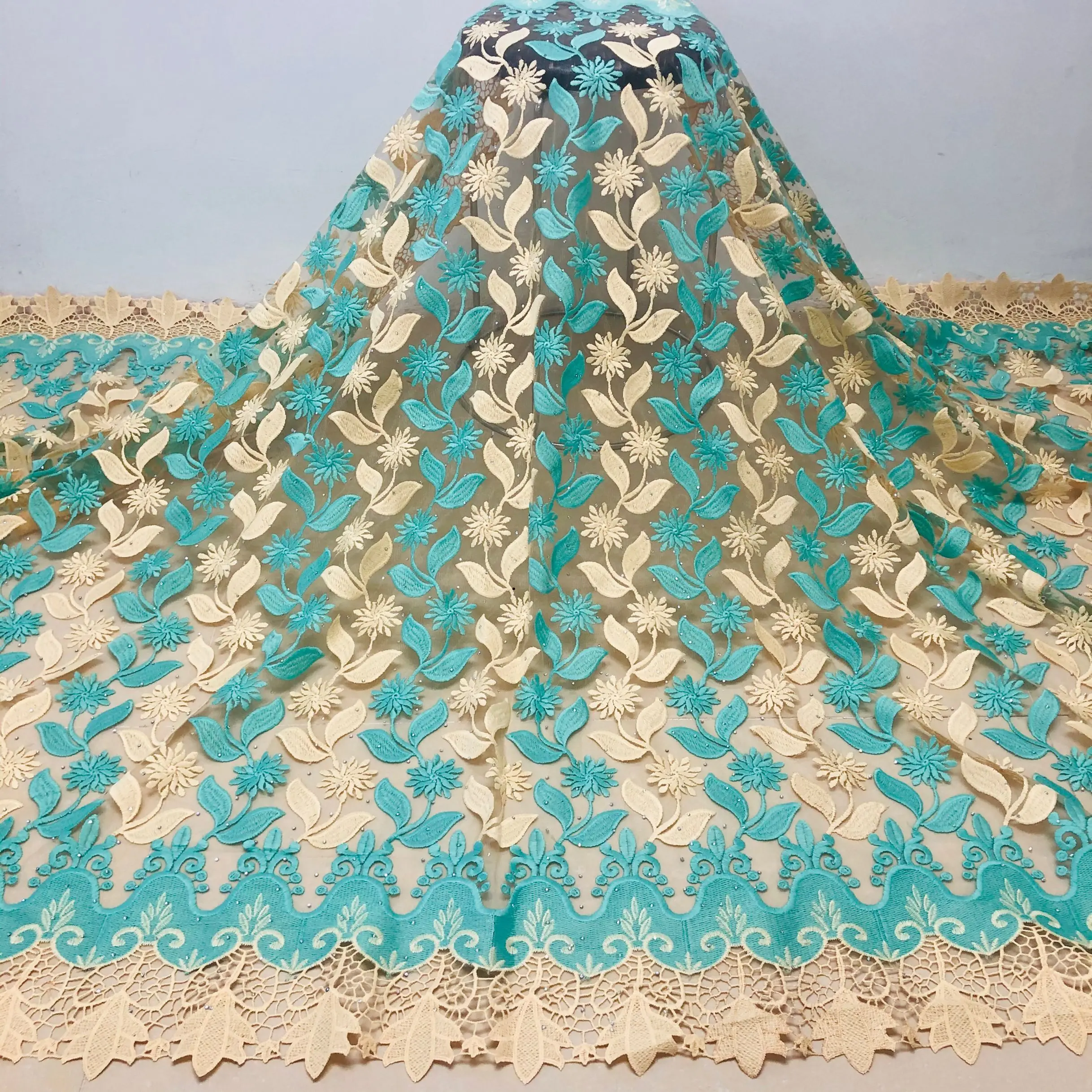 

African guipure lace beaded net fabric 5 yards 2020 Latest style French net mesh lace fabric for party dress