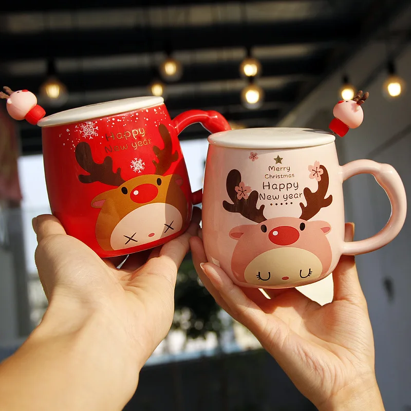 

Christmas Fawn Mugs Coffee Cups with Lids Spoons Ins Pink Girl Heart Ceramic Water Bottle Cartoon Couple Gifts Drinkware