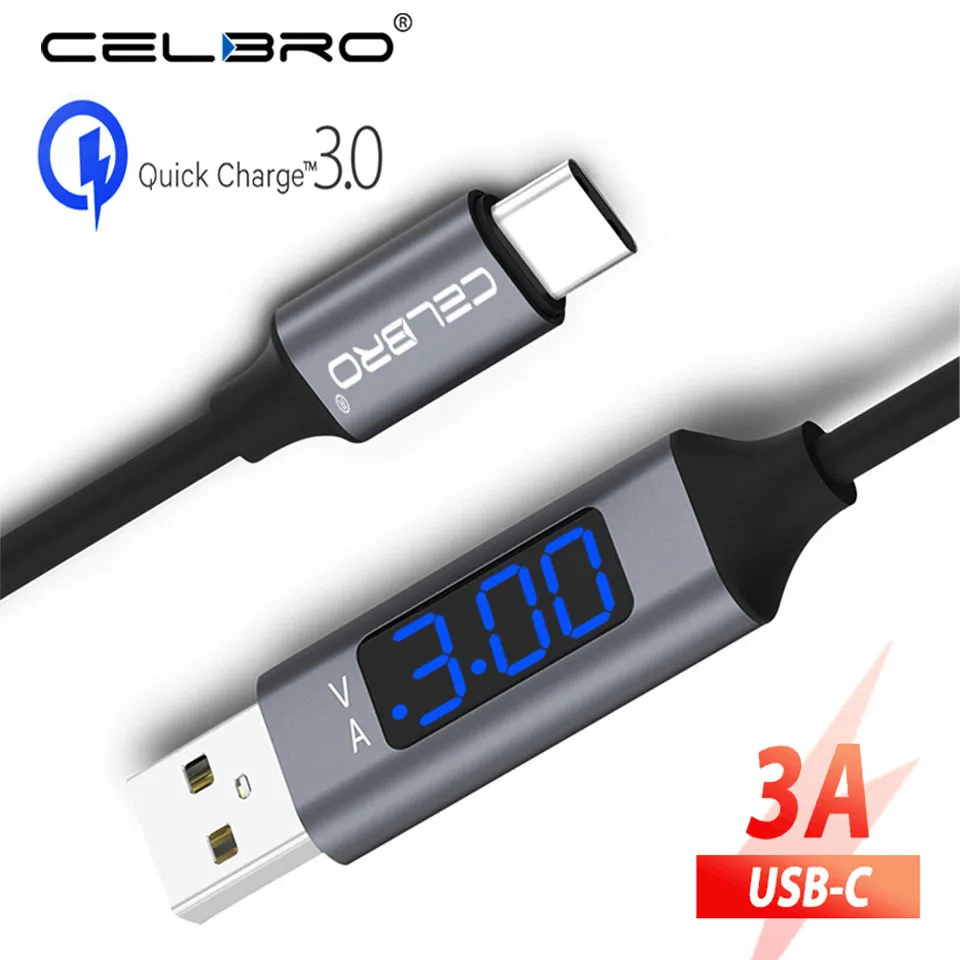 Зарядный кабель Usb type C, 3 а, напряжение тока, светодиодный дисплей, кабель Usb C для передачи данных, тип c для samsung S9 S10 Google Pixel 3 2 XL huawei