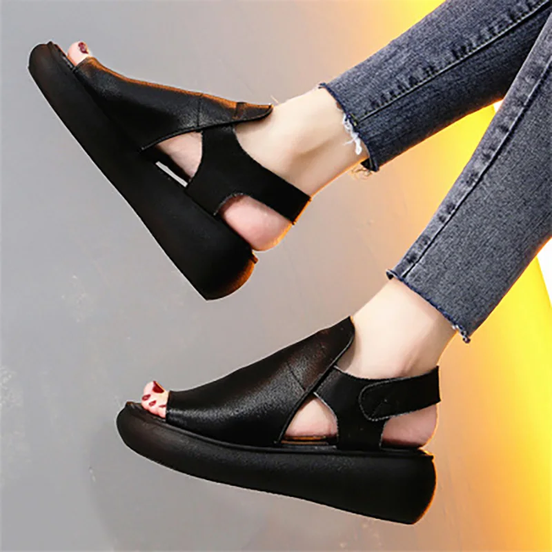 Женские босоножки Peep Toe крючки Loop танкетки на плоской подошве платформе из