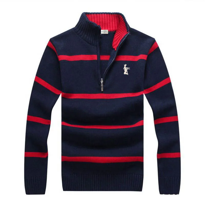 Мужской осенне-зимний свитер в полоску из 100% хлопка с высоким воротником