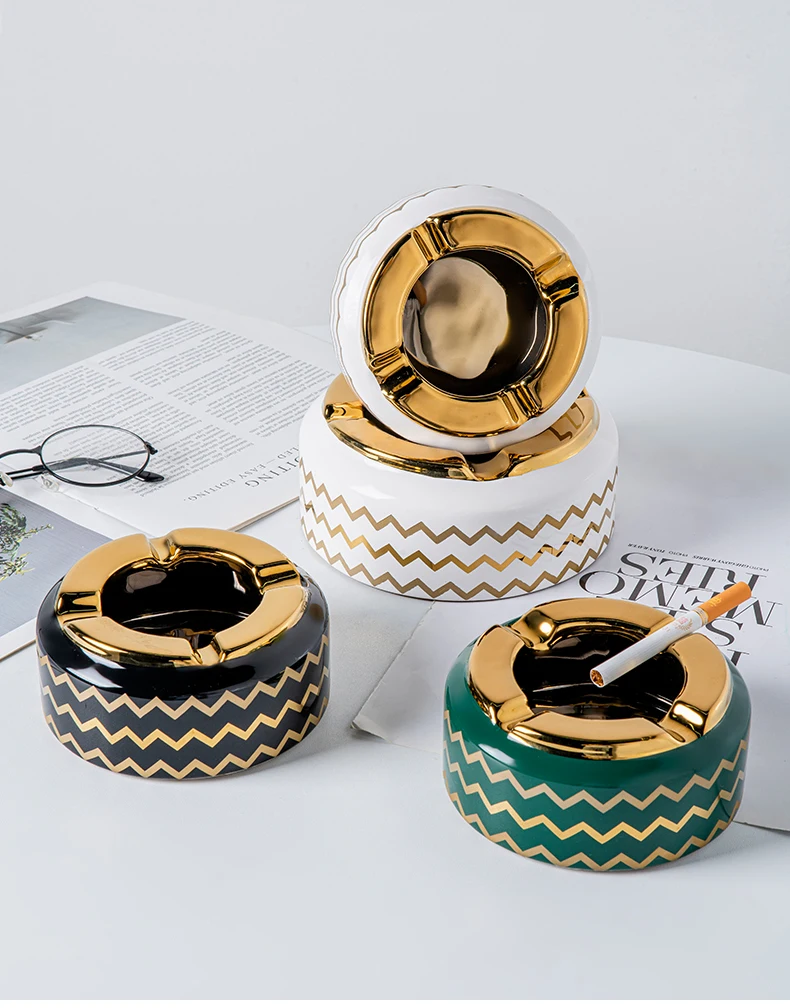 

Nordic Luxury Ashtray Round Gold Ceramic Personalized Modern Windproof Ashtray Desktop Cenicero Portatil Home Decoration DG50A