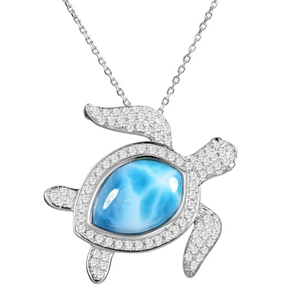 

High Quality 100% 925 Sterling Silver Natural Dominica Larimar Sea Turtle Womens Pendant Necklace For Gift