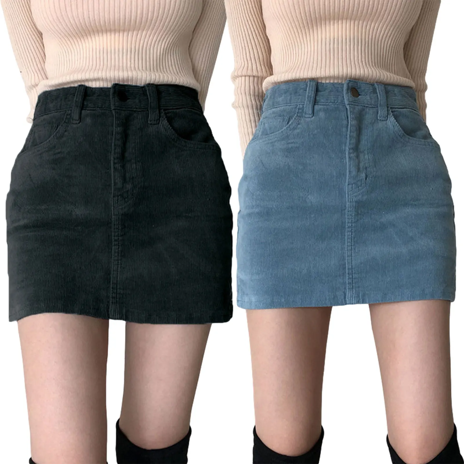 

Women Casual Close-fitting Short Skirt Solid Color High Waist Slit Dress Black/ Blue