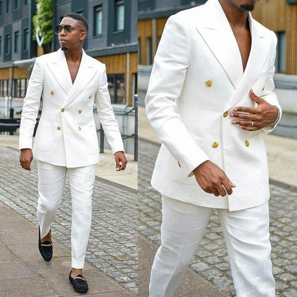 2 Piece Handsome Men's Formal White Linen Suits 2020 Groom Wear Double Breasted Party Wedding Peaked Lapel Tuxedos(Jacket+Pants)