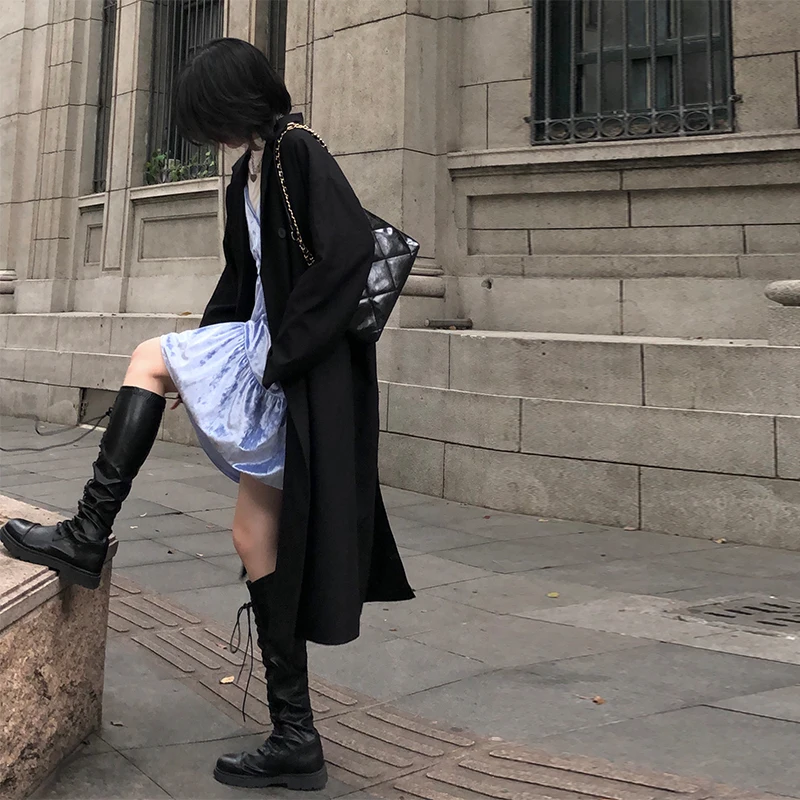 

2021 Spring New Women's Long Windbreaker High-Quality Drape Korean Style Suit Collar Loose Chic Long-sleeved Solid Color Jacket