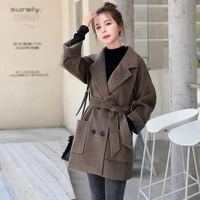 women woolen coat 2021 autumn winter korean fashion double breasted mid long women basic coats sashes black jacket w