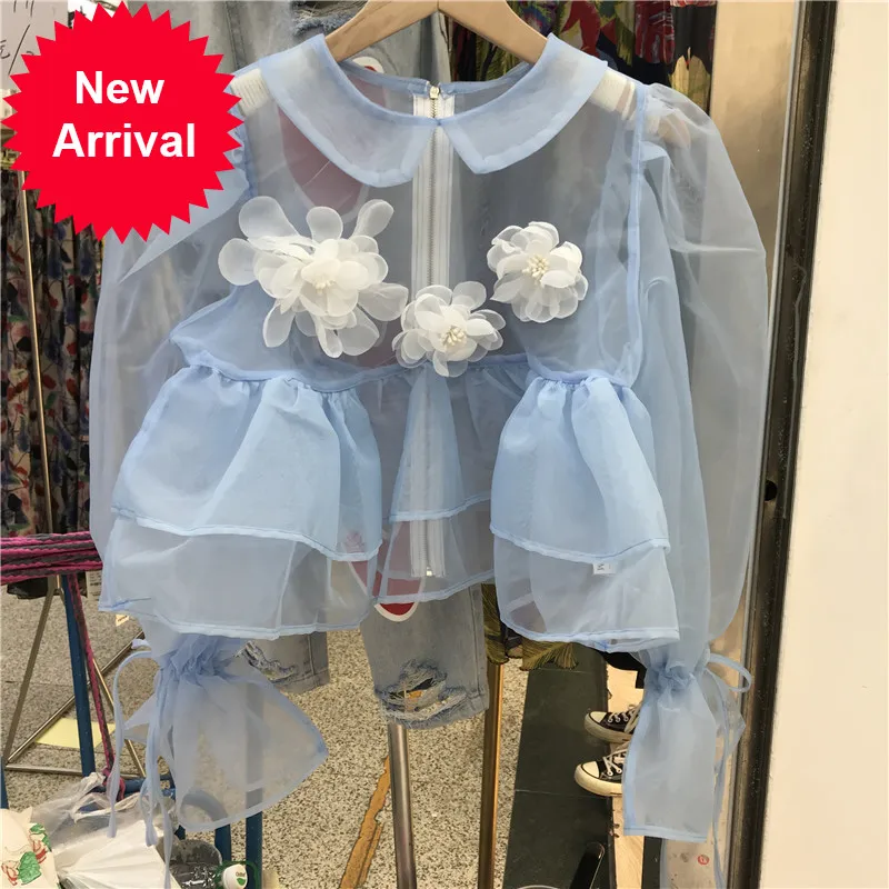 

Three-Dimensional Flower Blouse Women 2021 Summer Autumn New Design Blue Mesh Shirt Ruffled Temperament Organza Blusas Tops