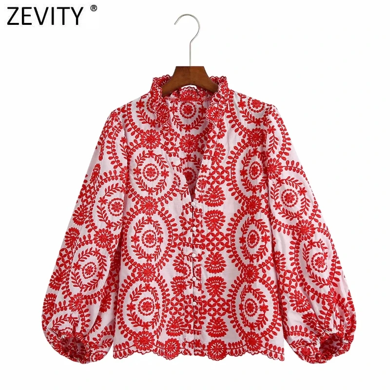 

Zevity Women Vintage Stand Collar Red Totem Floral Embroidery Casual Blouse Female Lantern Sleeve Shirt Chic Chemise Tops LS9700