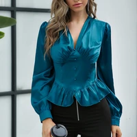 2021 spring solid color satin v neck pleated waist slim sexy blouse women casual commute office lady fashion outfits