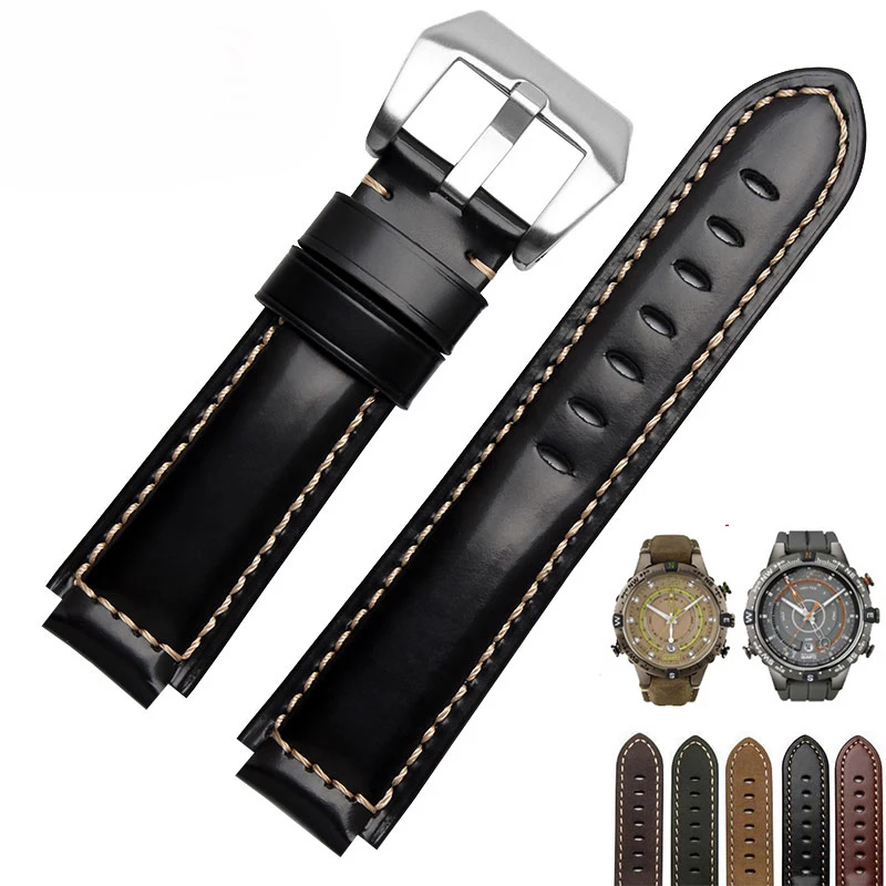 

24*16mm Genuine Leather Watch band Black Smooth Belt Brown Nubuck Leather Replacement Strap For Timex T2N739 T2N721 720