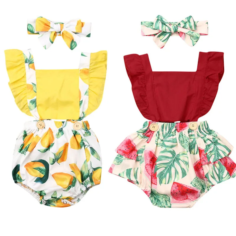 

Pudcoco 0-24M 2Pcs Baby Summer Clothing Newborn Infant Girl Floral Lemon Watermelon Ruffle Jumpsuit Headband Outfit Clothes