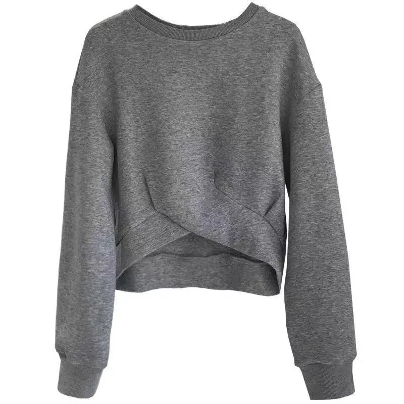 

Round neck sweater women's 2021 spring and Autumn New Women's wear Korean version loose and versatile solid color kink short