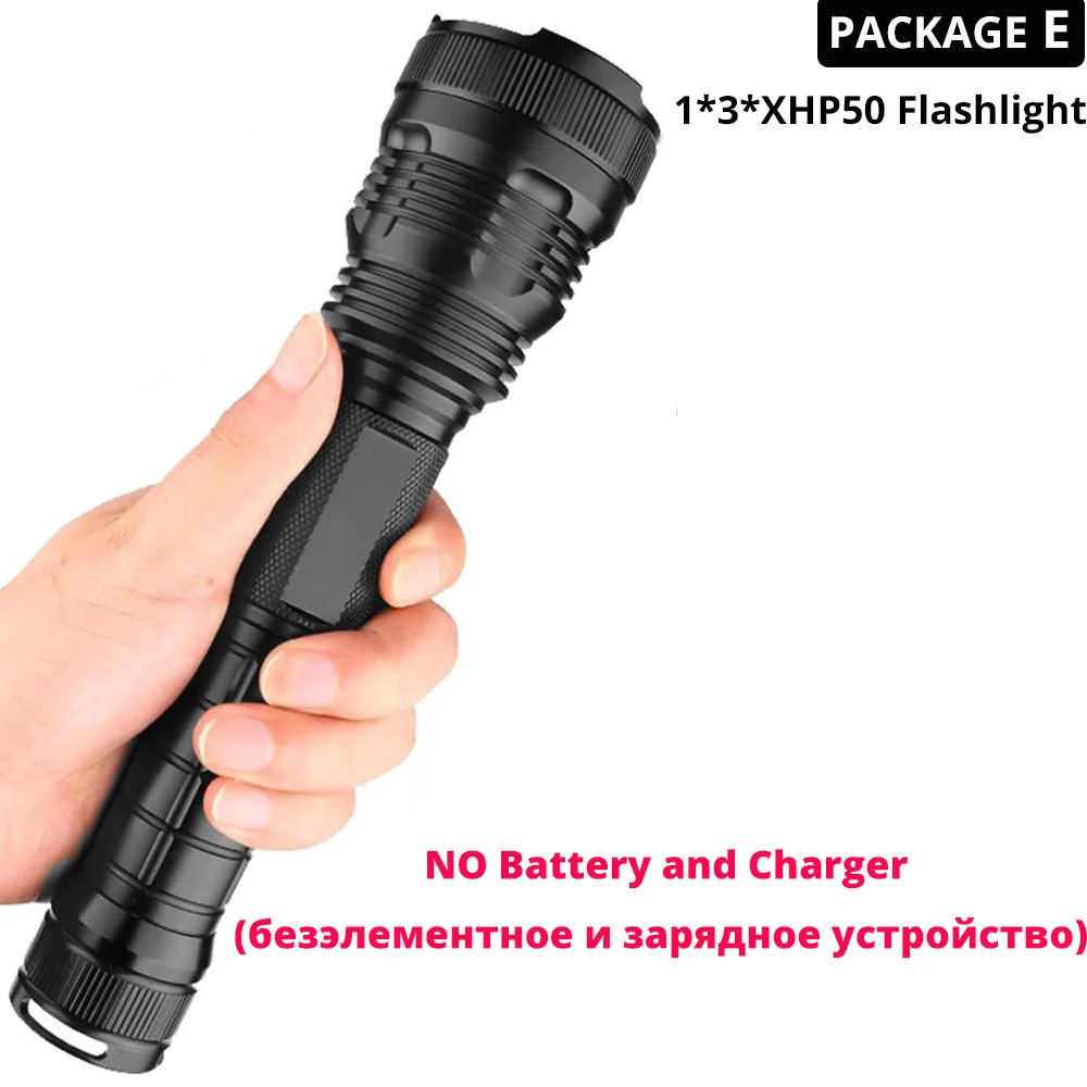 Package E Мощный светодиодный фонарик 3* XHP50 Водонепроницаемый зум Linterna светодиодный тактический фонарь питание от 18650 или 26650 батареи для наружного, кемпинга - Испускаемый цвет: Package E